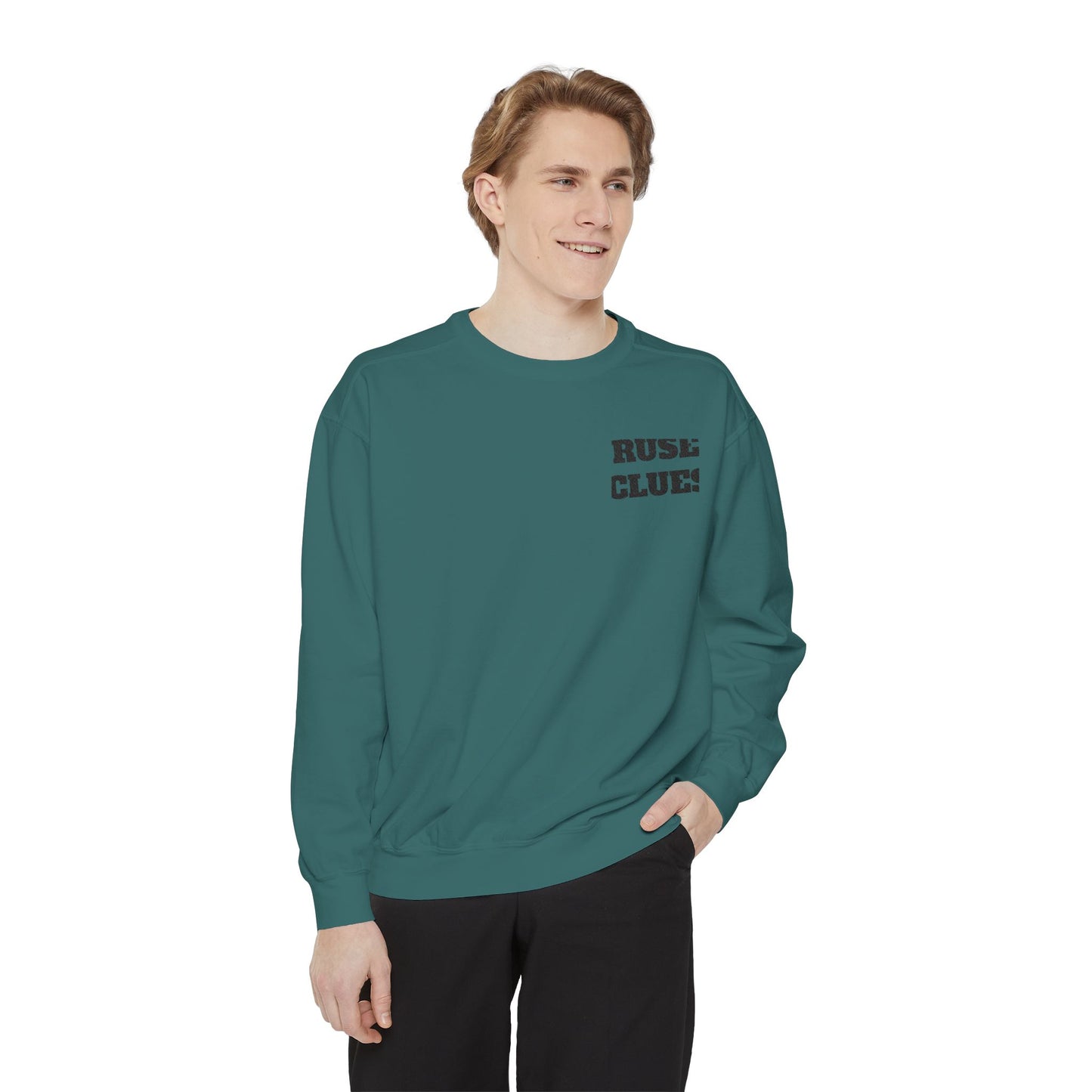 Unisex Garment-Dyed Ruse Clues® Sweatshirt - Cozy, Trendy, Perfect for Everyday Wear, Gift for Friends and Family, Great for Fall and Winter