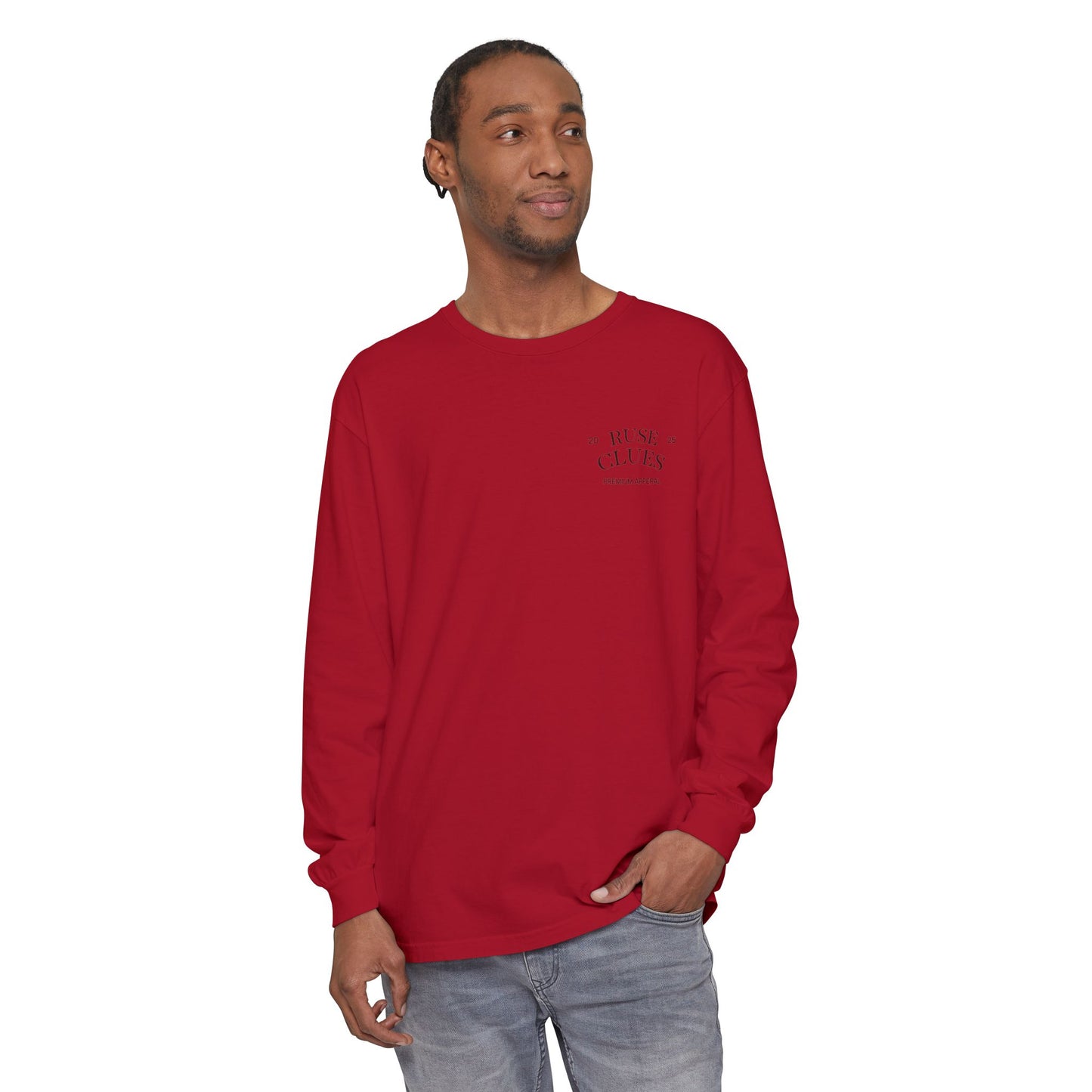 Unisex Garment-Dyed Long Sleeve Ruse Clues® Tee, Casual Everyday Wear, Gift for Friends, Stylish Layering Piece, Trendy Fashion Statement
