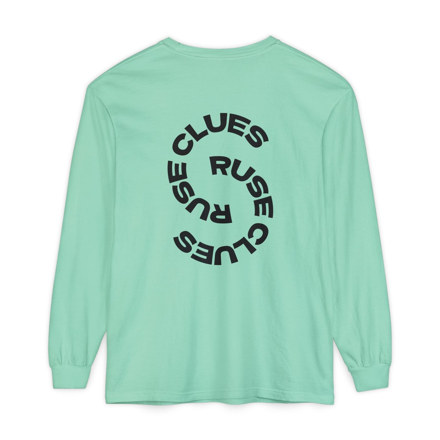 Unisex Garment-Dyed Long Sleeve Ruse Clues® Tee, Casual Everyday Wear, Gift for Friends, Stylish Layering Piece, Trendy Fashion Statement