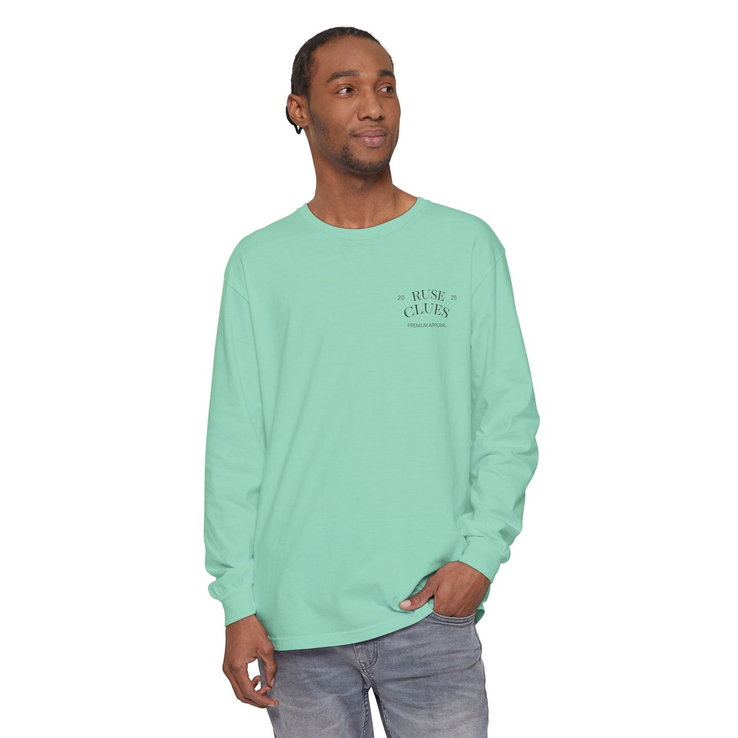 Unisex Garment-Dyed Long Sleeve Ruse Clues® Tee, Casual Everyday Wear, Gift for Friends, Stylish Layering Piece, Trendy Fashion Statement
