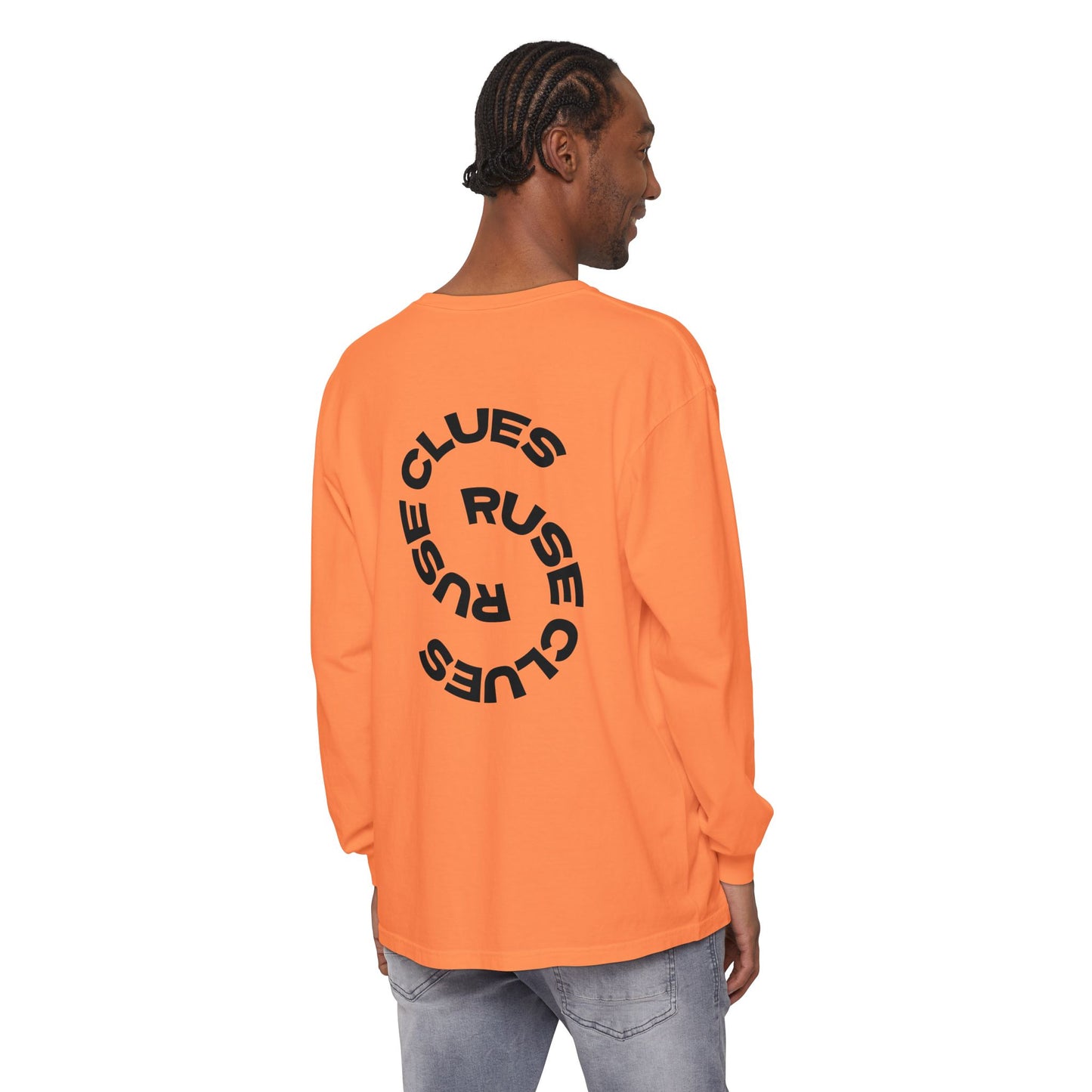 Unisex Garment-Dyed Long Sleeve Ruse Clues® Tee, Casual Everyday Wear, Gift for Friends, Stylish Layering Piece, Trendy Fashion Statement