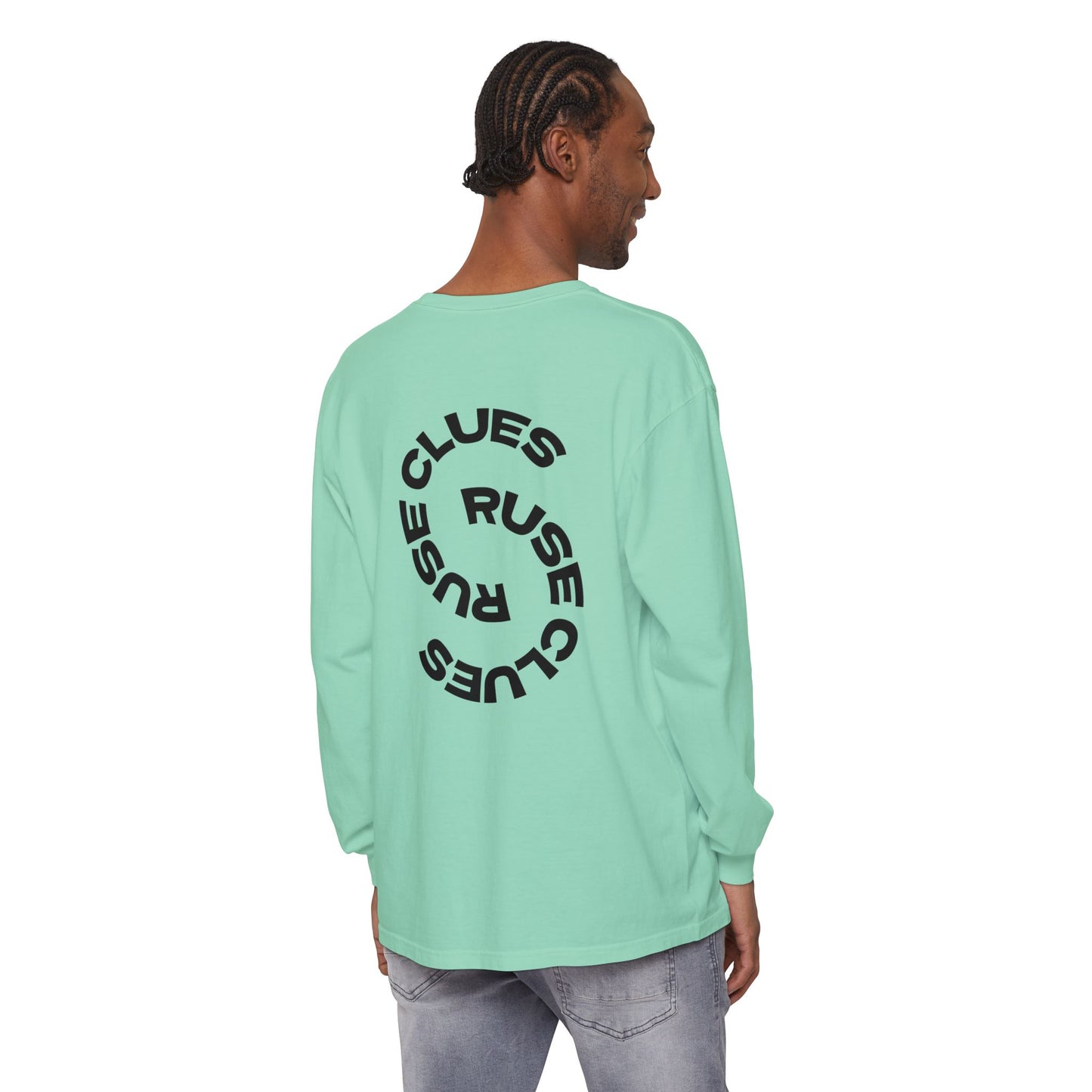 Unisex Garment-Dyed Long Sleeve Ruse Clues® Tee, Casual Everyday Wear, Gift for Friends, Stylish Layering Piece, Trendy Fashion Statement