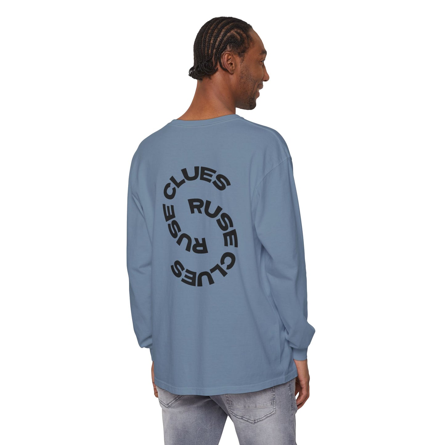 Unisex Garment-Dyed Long Sleeve Ruse Clues® Tee, Casual Everyday Wear, Gift for Friends, Stylish Layering Piece, Trendy Fashion Statement