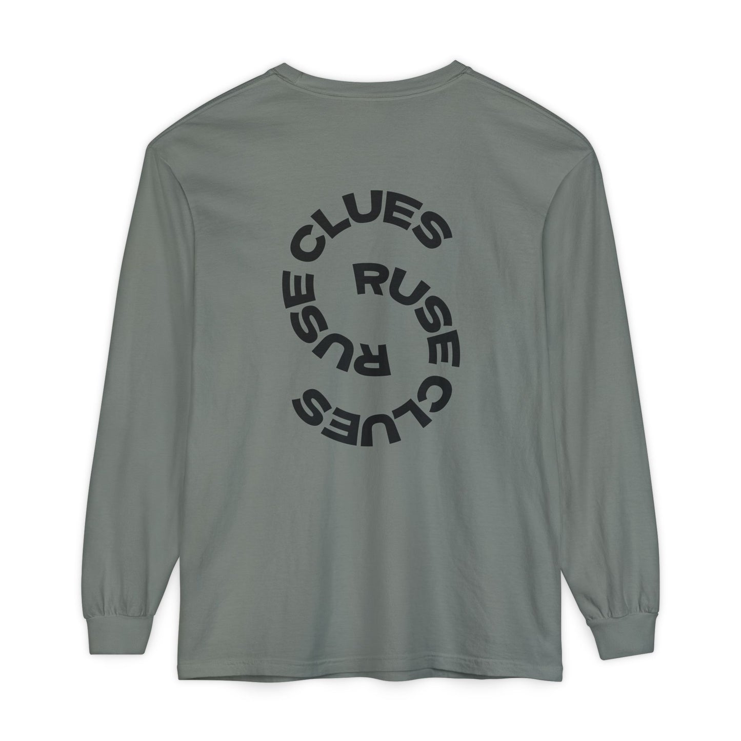 Unisex Garment-Dyed Long Sleeve Ruse Clues® Tee, Casual Everyday Wear, Gift for Friends, Stylish Layering Piece, Trendy Fashion Statement
