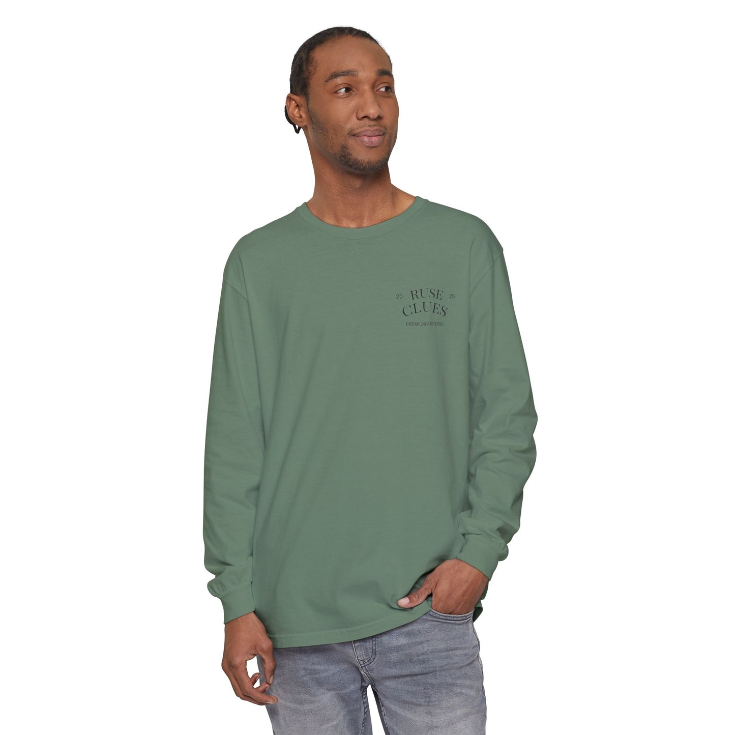 Unisex Garment-Dyed Long Sleeve Ruse Clues® Tee, Casual Everyday Wear, Gift for Friends, Stylish Layering Piece, Trendy Fashion Statement