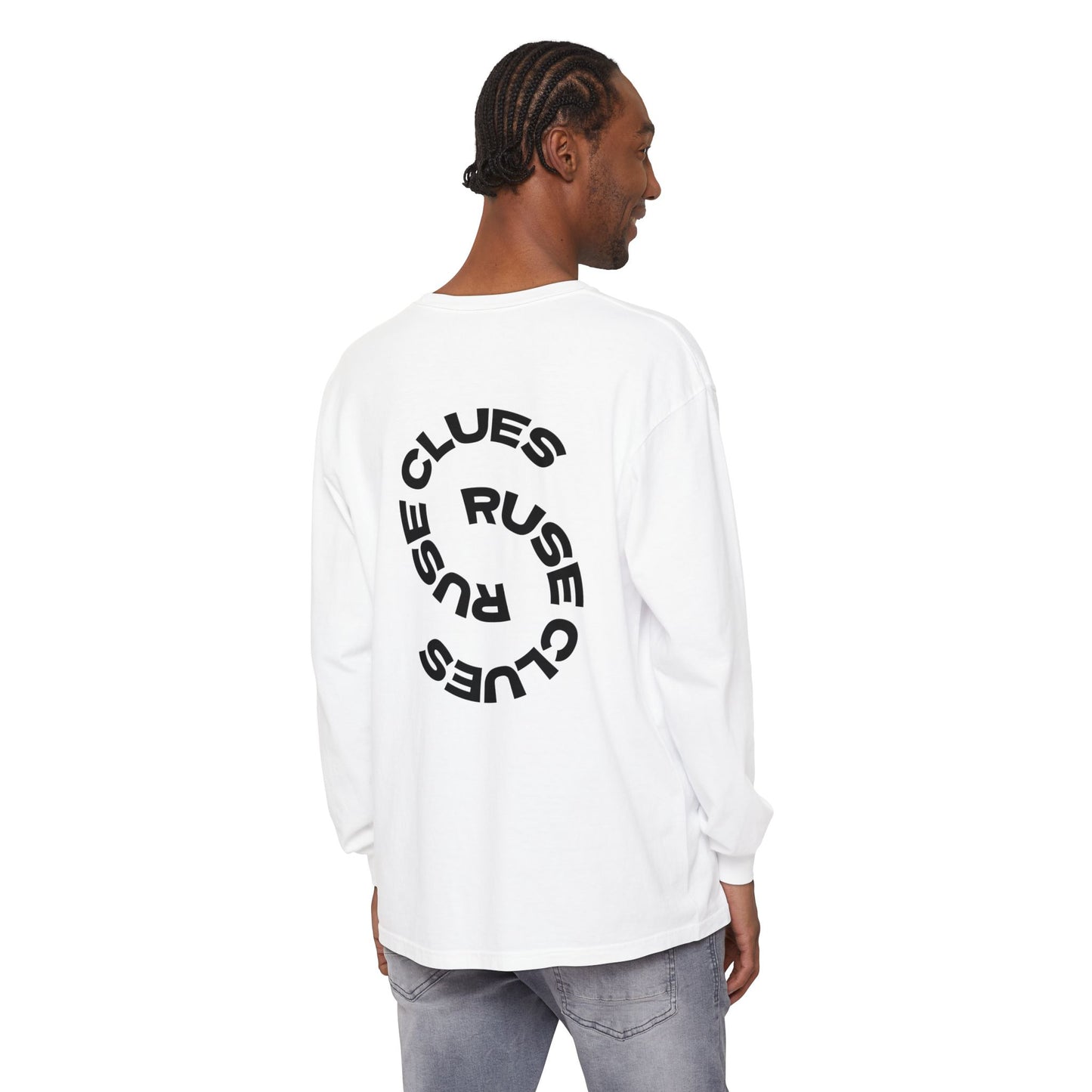 Unisex Garment-Dyed Long Sleeve Ruse Clues® Tee, Casual Everyday Wear, Gift for Friends, Stylish Layering Piece, Trendy Fashion Statement