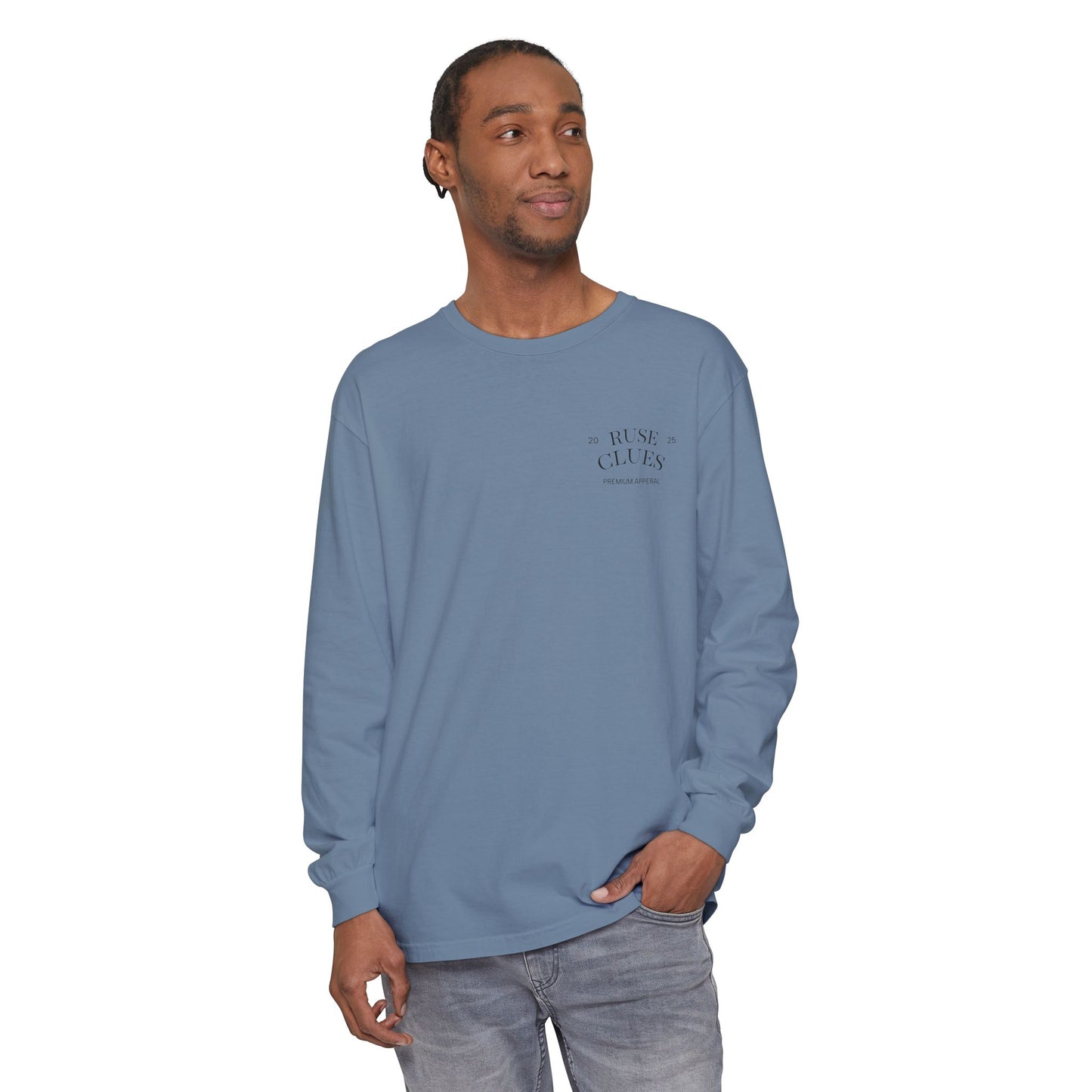 Unisex Garment-Dyed Long Sleeve Ruse Clues® Tee, Casual Everyday Wear, Gift for Friends, Stylish Layering Piece, Trendy Fashion Statement