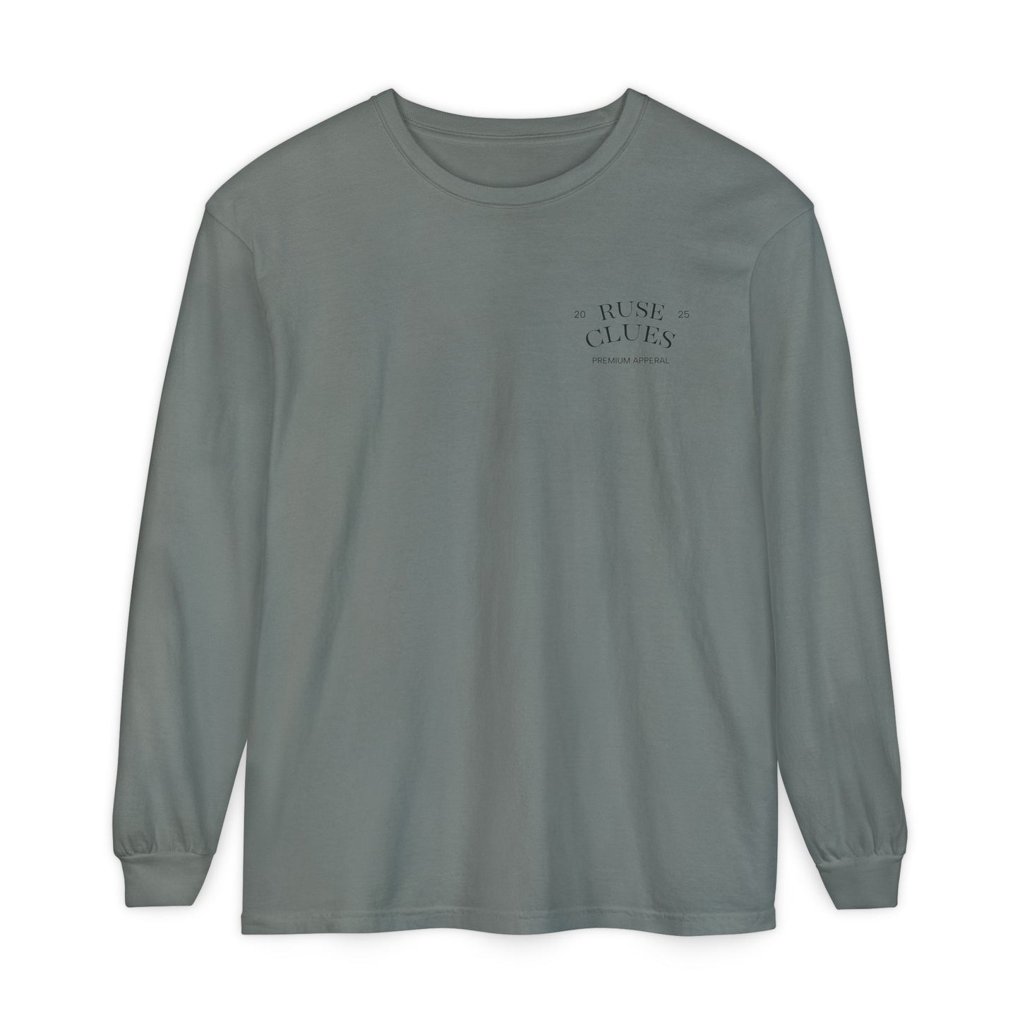 Unisex Garment-Dyed Long Sleeve Ruse Clues® Tee, Casual Everyday Wear, Gift for Friends, Stylish Layering Piece, Trendy Fashion Statement