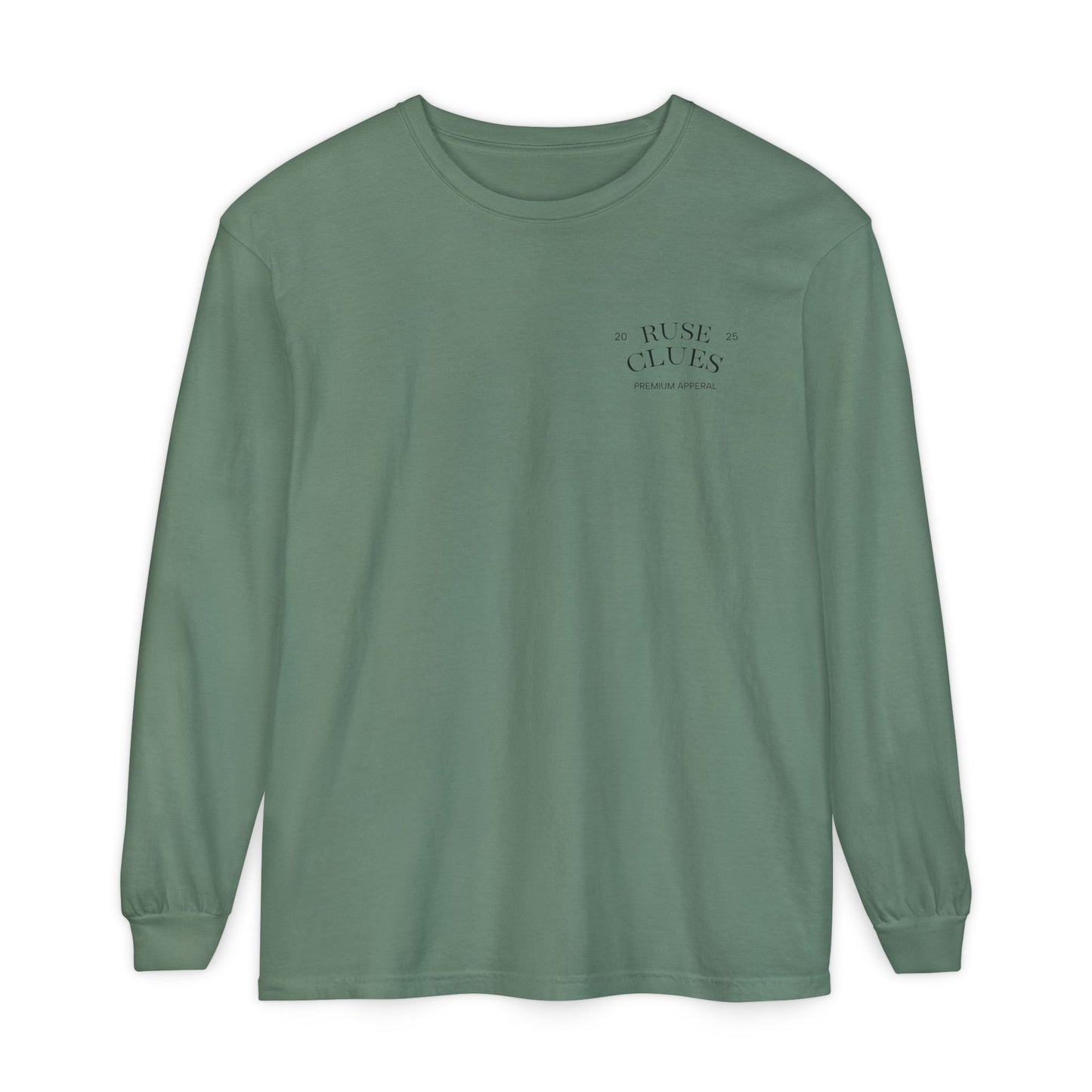 Unisex Garment-Dyed Long Sleeve Ruse Clues® Tee, Casual Everyday Wear, Gift for Friends, Stylish Layering Piece, Trendy Fashion Statement