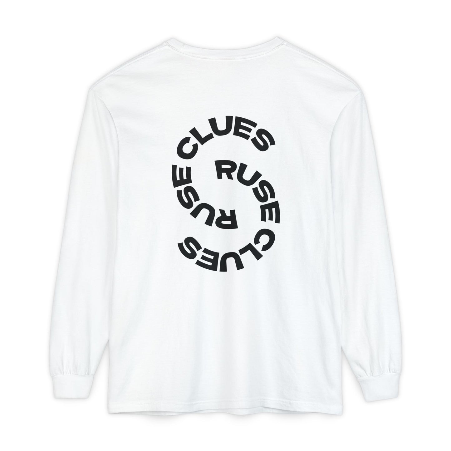 Unisex Garment-Dyed Long Sleeve Ruse Clues® Tee, Casual Everyday Wear, Gift for Friends, Stylish Layering Piece, Trendy Fashion Statement