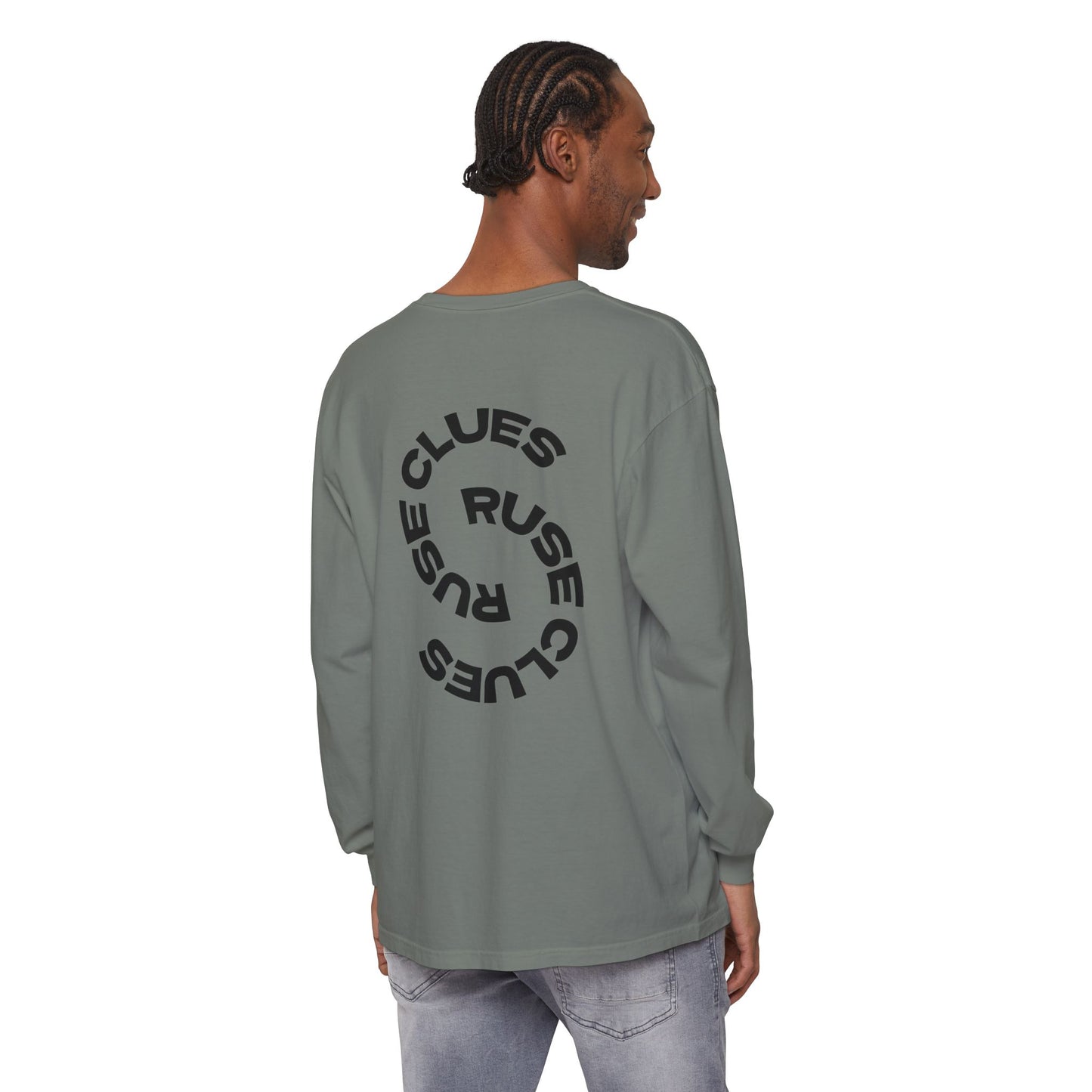 Unisex Garment-Dyed Long Sleeve Ruse Clues® Tee, Casual Everyday Wear, Gift for Friends, Stylish Layering Piece, Trendy Fashion Statement