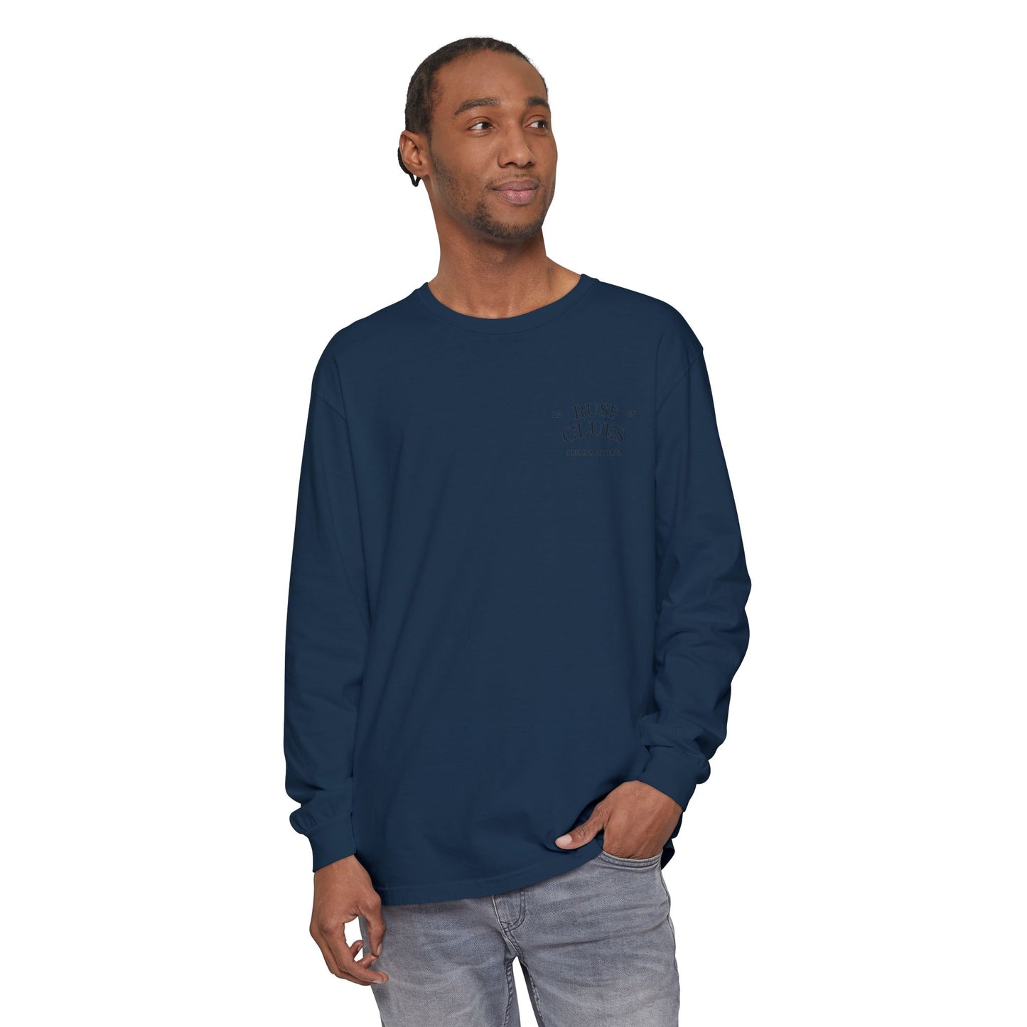 Unisex Garment-Dyed Long Sleeve Ruse Clues® Tee, Casual Everyday Wear, Gift for Friends, Stylish Layering Piece, Trendy Fashion Statement