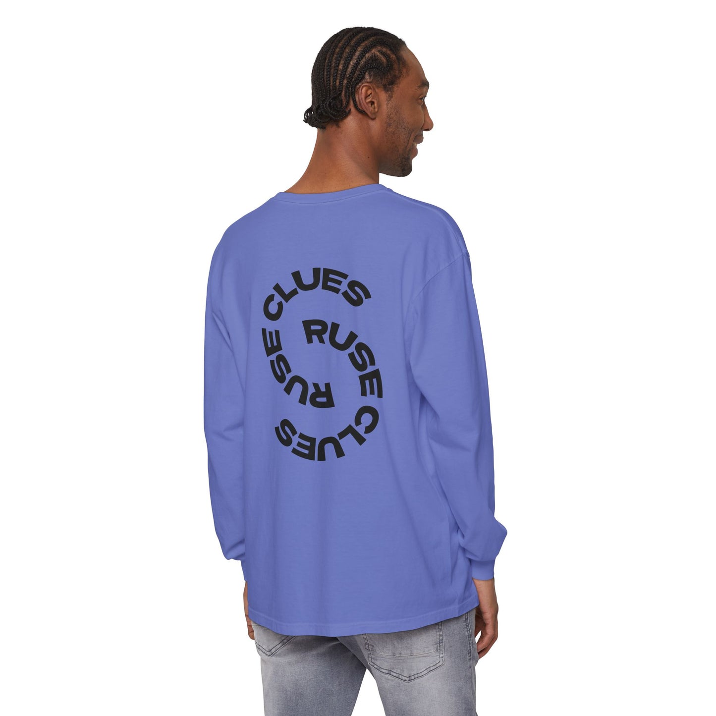 Unisex Garment-Dyed Long Sleeve Ruse Clues® Tee, Casual Everyday Wear, Gift for Friends, Stylish Layering Piece, Trendy Fashion Statement